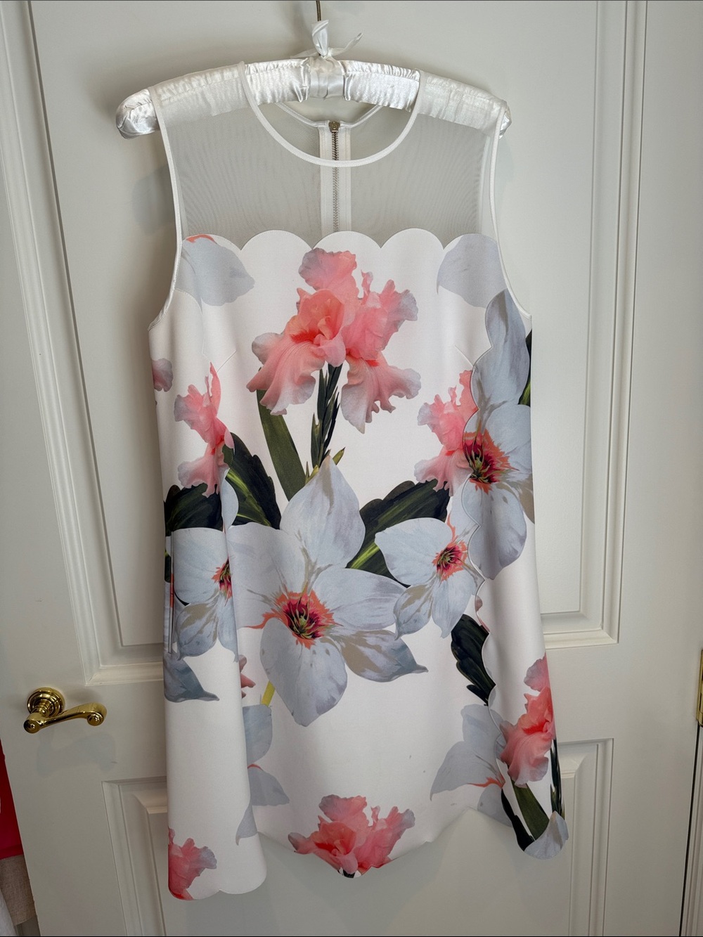 Floral Scalloped Neck White A-Line Dress with Peach Accents by Ted Baker